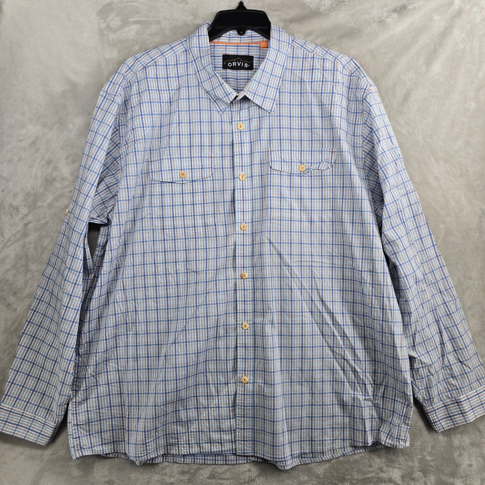 ORVIS‎ Troutbum Mens Long Sleeve Plaid Button Up Shirt Blue Tan Sz 2XL